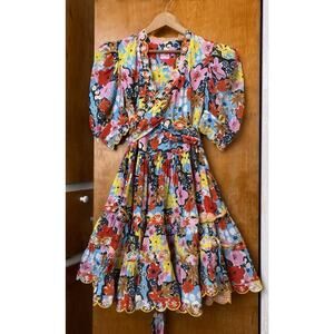 Celia B Aila Tiered Scallop Wrap Floral Mini Dress Ruffle Boho Puff Sleeve Sz XS